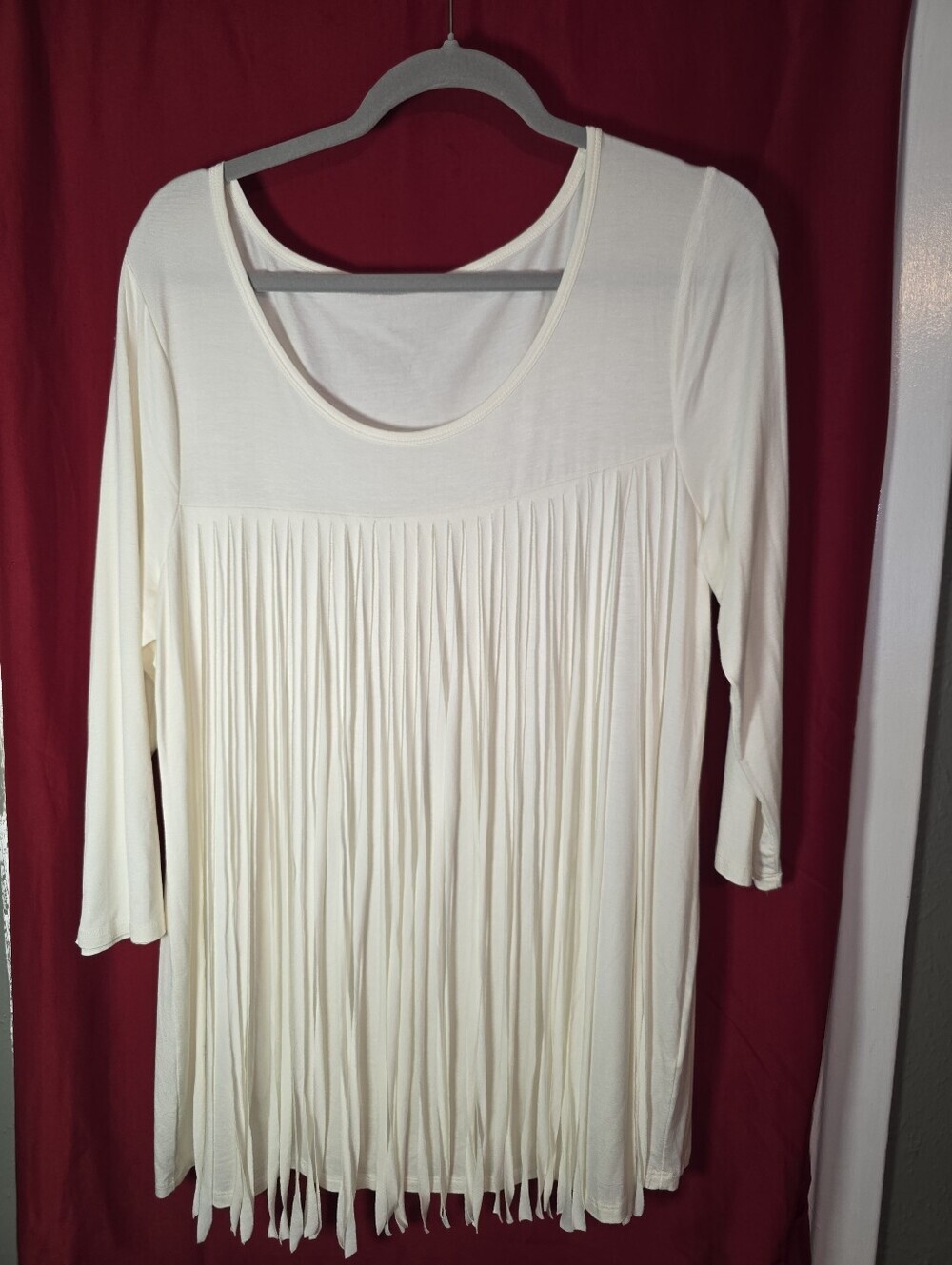Cable & Gauge Ivory Boho Fringe Tunic Top Viscose Blend Stretch Size L